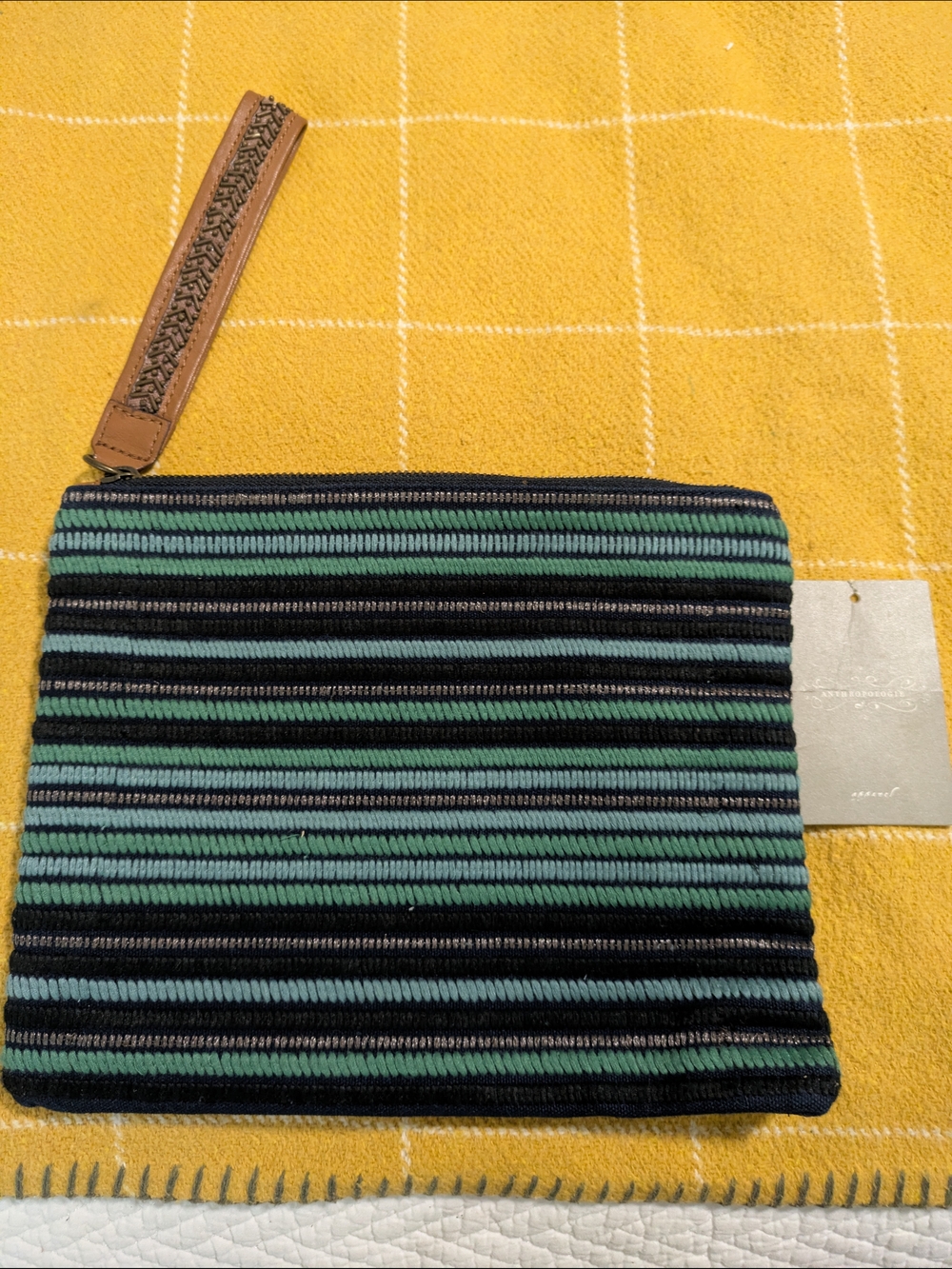 Anthropologie JASPER & JEERA Striped Green & Navy Blue Woven Wristlet Clutch